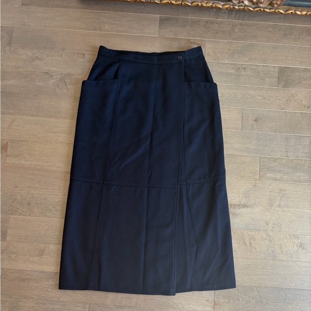Vintage Women's Black Midi Wool Skirt with Front Panel Detailing